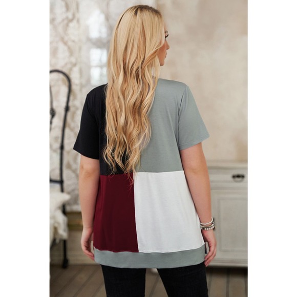 WINE RED WHITE GRAY BLACK CREW NECK COLOR BLOCK TOP SIZE 1X 14-16 - Picture 6 of 9